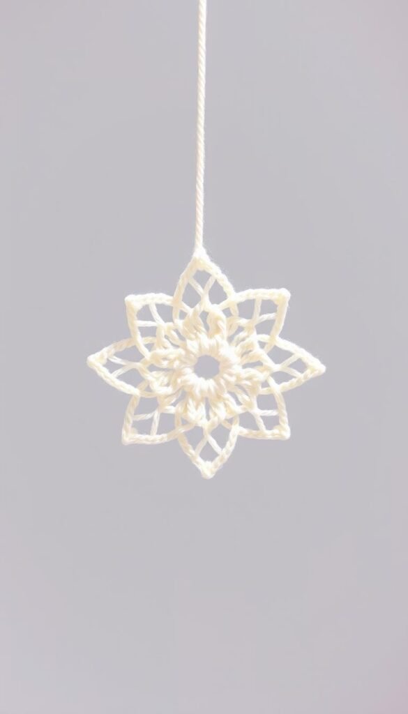 A delicate, hand-crocheted star shape, its intricate pattern of loops and stitches shimmering in soft, natural light. The star floats against a clean, minimalist background, emphasizing its tactile, three-dimensional quality. Captured from a high, slightly angled perspective to showcase the star's graceful, symmetrical form. The image exudes a sense of tranquility and craftsmanship, perfectly suited to illustrate the foundational step of creating a crochet star.