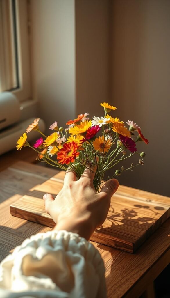 A delicate hand gently presses a vibrant bouquet of freshly picked flowers onto a wooden surface, their vibrant petals and delicate stems captured in exquisite detail. Soft, natural lighting filters through a nearby window, casting a warm, golden glow over the scene. The composition features a clean, minimalist background, allowing the pressed flowers to take center stage. The overall mood is one of serene, artistic elegance, perfectly capturing the timeless beauty of this age-old craft. The image conveys a sense of care, patience, and the joy of preserving nature's fleeting wonders.