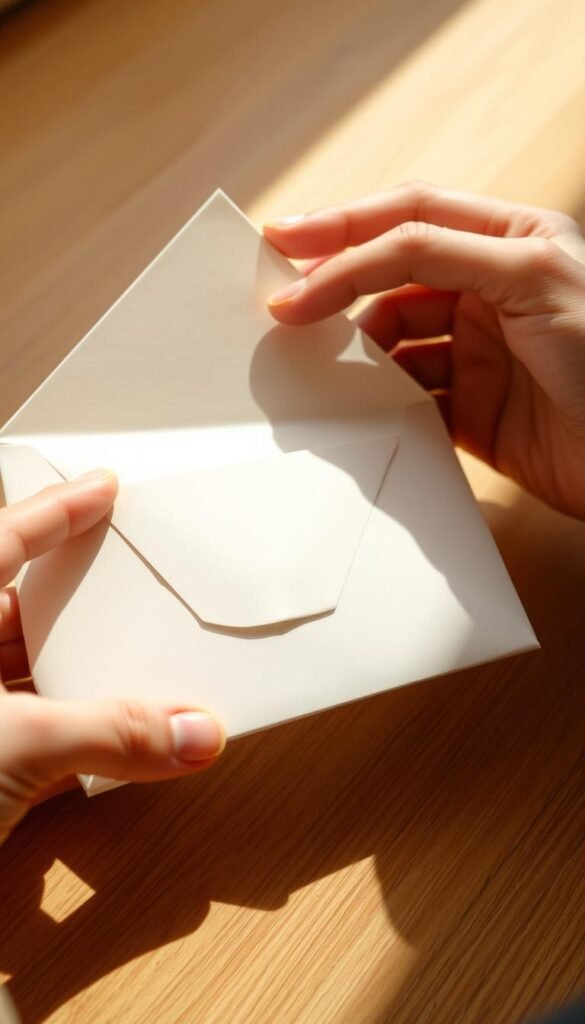 A delicate origami envelope being carefully folded from a crisp, off-white sheet of paper. The hands of a skilled origamist, shown in close-up, are precisely creasing and tucking the edges to form the elegant envelope structure. Soft, natural lighting illuminates the process, casting subtle shadows that accentuate the intricate folds. The background is blurred, allowing the viewer to focus solely on the mesmerizing act of transforming a flat sheet into a functional, no-glue envelope. The scene conveys a sense of mindfulness, patience, and the joy of creating something beautiful from a simple starting point. A delicate origami envelope being carefully folded from a crisp, off-white sheet of paper. The hands of a skilled origamist, shown in close-up, are precisely creasing and tucking the edges to form the elegant envelope structure. Soft, natural lighting illuminates the process, casting subtle shadows that accentuate the intricate folds. The background is blurred, allowing the viewer to focus solely on the mesmerizing act of transforming a flat sheet into a functional, no-glue envelope. The scene conveys a sense of mindfulness, patience, and the joy of creating something beautiful from a simple starting point.