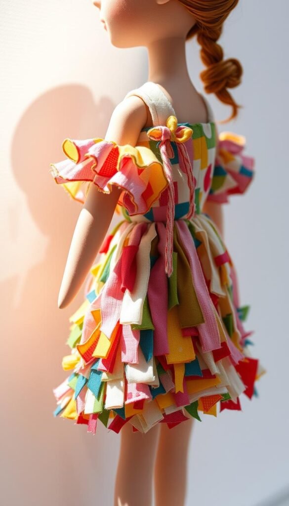 A detailed close-up of delicate doll clothes sewn from an array of tiny colorful fabric scraps. The intricate design features a whimsical dress with ruffled sleeves, a layered skirt, and a patterned bodice. Soft natural lighting casts subtle shadows, accentuating the textural quality of the materials. The garment is posed against a clean, minimalist background, allowing the craftsmanship and vibrant hues to take center stage. The scene conveys a sense of artistry, creativity, and the resourceful repurposing of leftover textiles.
