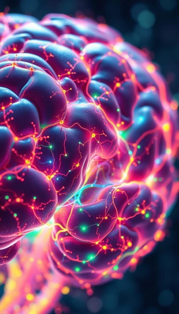 A detailed close-up of the human brain, showcasing its intricate functional connectivity. The image should depict a vibrant, high-resolution visualization of the brain's neural networks, with intricate, intertwining pathways of activity pulsing and glowing in a spectrum of vivid colors. The scene should be illuminated by a soft, diffused lighting that accentuates the depth and complexity of the brain's interconnected structures. Capture the scene from a slightly elevated angle, conveying a sense of depth and three-dimensionality, as if the viewer is peering into the inner workings of the mind. The overall mood should be one of scientific wonder and the power of the human mind to visualize and achieve its goals. A detailed close-up of the human brain, showcasing its intricate functional connectivity. The image should depict a vibrant, high-resolution visualization of the brain's neural networks, with intricate, intertwining pathways of activity pulsing and glowing in a spectrum of vivid colors. The scene should be illuminated by a soft, diffused lighting that accentuates the depth and complexity of the brain's interconnected structures. Capture the scene from a slightly elevated angle, conveying a sense of depth and three-dimensionality, as if the viewer is peering into the inner workings of the mind. The overall mood should be one of scientific wonder and the power of the human mind to visualize and achieve its goals.