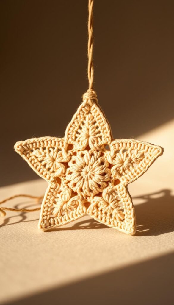 A detailed crochet star decoration with intricate stitches and a dimensional, textured appearance. Captured in soft, warm lighting that highlights the natural fibers and shadows, creating a cozy, homespun atmosphere. The star is the central focus, positioned in the middle ground against a slightly blurred, neutral background, allowing the delicate craftsmanship to take center stage. The composition is balanced and harmonious, showcasing the star's symmetry and showcasing its potential as a charming, handmade accent piece.