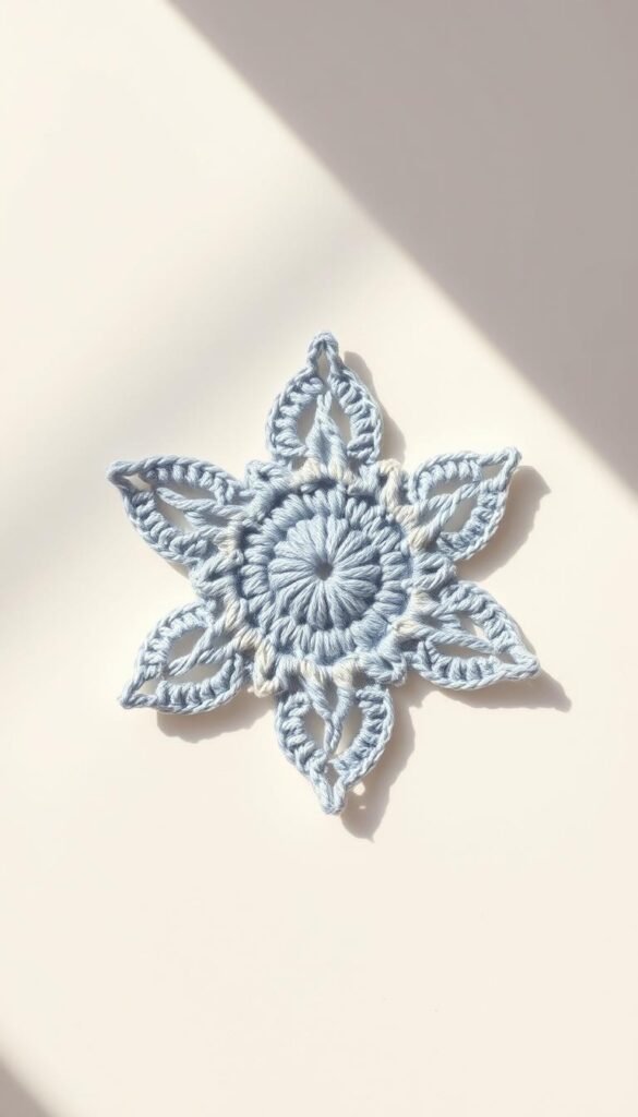 A detailed crochet star pattern in an intricate weave, positioned in the center of the frame. The stars are composed of fine, delicate stitches in a soft, muted palette of blues, grays, and whites, creating a serene, minimalist aesthetic. The pattern is illuminated by warm, diffused natural lighting, casting gentle shadows that accentuate the texture and depth of the crochet work. The background is a simple, clean white or off-white surface, allowing the star pattern to be the sole focus of the image. The overall composition is balanced, with the star pattern occupying the majority of the frame, conveying a sense of simplicity and elegance.