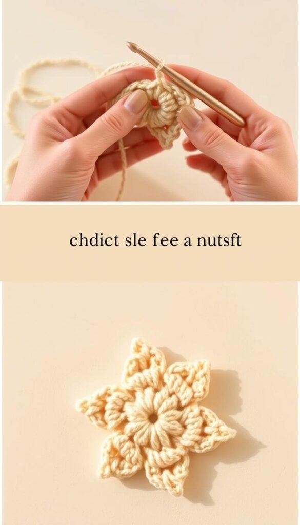 A detailed crochet tutorial showcasing the step-by-step process of creating a star motif. The foreground focuses on a pair of hands skillfully manipulating the yarn and hook, with the half double crochet stitches clearly visible. The middle ground features a close-up view of the growing star shape, its pointed tips and delicate texture captured in sharp focus. The background subtly fades into a soft, neutral tone, allowing the crochet work to be the central focus. Warm, natural lighting illuminates the scene, emphasizing the intricate texture of the yarn and the graceful movements of the crocheting process. The overall mood is one of peaceful concentration and artisanal craftsmanship.