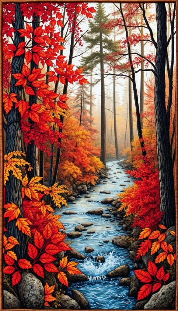 A detailed, richly textured wall hanging depicting an autumnal forest scene. In the foreground, a vibrant array of fall foliage in shades of red, orange, and gold, rendered with intricate stitching and textures. The middle ground features a tranquil stream winding through the woods, its surface gently rippling. In the background, tall, majestic trees stretch towards a hazy, sun-dappled sky, their branches casting elegant shadows. The overall composition evokes a sense of warmth, serenity, and the natural beauty of the changing seasons, perfectly suited for an experienced crafter's autumn-themed project.