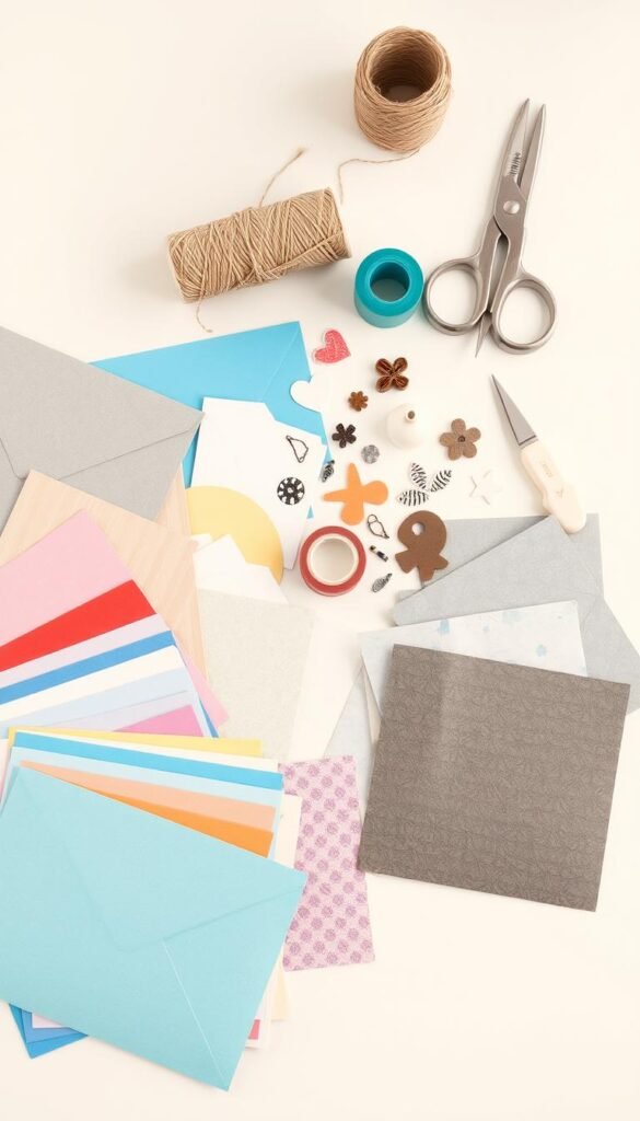A flat-lay arrangement of various DIY envelope-making materials against a bright, clean background. In the foreground, an assortment of colored and patterned paper, including cardstock, vellum, and recycled materials. In the middle ground, decorative elements like washi tape, stamps, stencils, and embellishments. In the background, a spool of twine, a pair of scissors, a bone folder, and other essential tools for envelope construction. The lighting is soft and diffused, creating an inviting, craft-focused atmosphere. A flat-lay arrangement of various DIY envelope-making materials against a bright, clean background. In the foreground, an assortment of colored and patterned paper, including cardstock, vellum, and recycled materials. In the middle ground, decorative elements like washi tape, stamps, stencils, and embellishments. In the background, a spool of twine, a pair of scissors, a bone folder, and other essential tools for envelope construction. The lighting is soft and diffused, creating an inviting, craft-focused atmosphere.