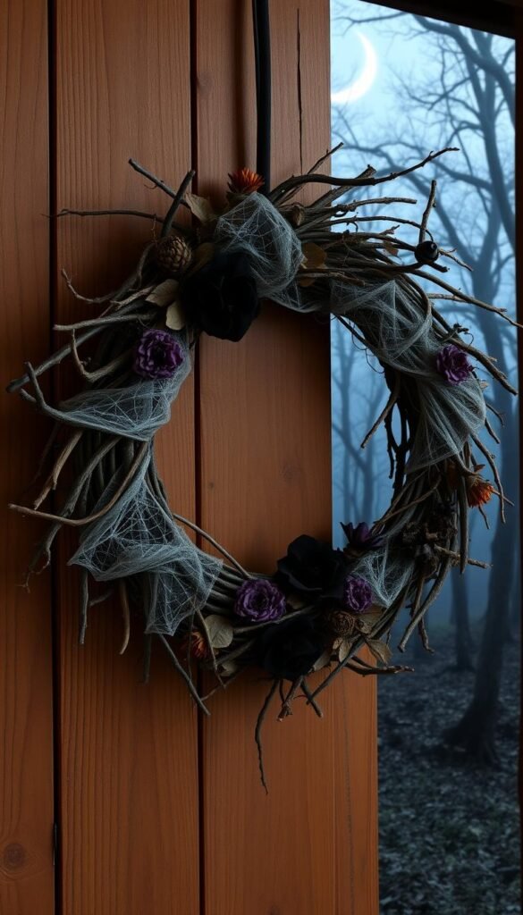 A hauntingly beautiful Halloween wreath, hanging gracefully on a rustic wooden door. The wreath is crafted from a mix of gnarled branches, dried leaves, and delicate spider webs, creating a captivating, organic silhouette. Clusters of deep purple and black flowers, accented with hints of orange, dot the arrangement, adding pops of color that draw the eye. Soft, diffused lighting casts a warm, autumnal glow, casting shadows that dance across the wreath's intricate textures. In the background, a dark, foggy forest scene sets the stage, with bare, twisted trees and a crescent moon peeking through the mist, evoking a sense of mystery and the supernatural. A hauntingly beautiful Halloween wreath, hanging gracefully on a rustic wooden door. The wreath is crafted from a mix of gnarled branches, dried leaves, and delicate spider webs, creating a captivating, organic silhouette. Clusters of deep purple and black flowers, accented with hints of orange, dot the arrangement, adding pops of color that draw the eye. Soft, diffused lighting casts a warm, autumnal glow, casting shadows that dance across the wreath's intricate textures. In the background, a dark, foggy forest scene sets the stage, with bare, twisted trees and a crescent moon peeking through the mist, evoking a sense of mystery and the supernatural.
