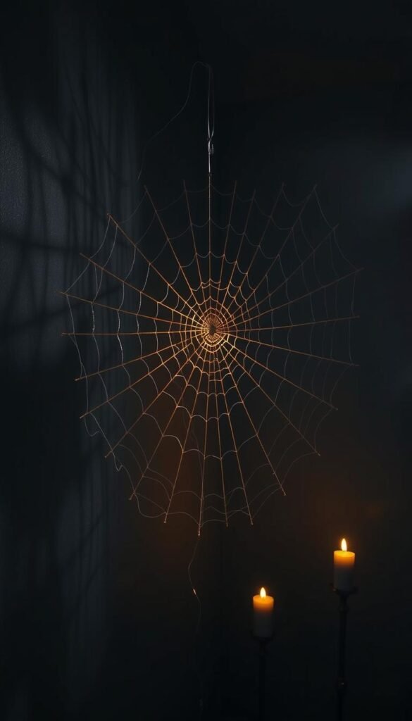A hauntingly beautiful spiderweb decoration, delicately spun across a dimly lit corner. The intricate pattern of silk threads glistens in the soft, warm glow of candlelight, casting intricate shadows on the wall. Tendrils of webbing stretch out from the central hub, creating a mesmerizing, three-dimensional illusion. The scene is shrouded in a hazy, atmospheric mist, lending an air of mystery and foreboding. The webbing appears to hover in midair, defying gravity, with a sense of ethereal, supernatural elegance. This captivating display would be a perfect accent for any Halloween-themed interior, evoking a sense of spooky enchantment. A hauntingly beautiful spiderweb decoration, delicately spun across a dimly lit corner. The intricate pattern of silk threads glistens in the soft, warm glow of candlelight, casting intricate shadows on the wall. Tendrils of webbing stretch out from the central hub, creating a mesmerizing, three-dimensional illusion. The scene is shrouded in a hazy, atmospheric mist, lending an air of mystery and foreboding. The webbing appears to hover in midair, defying gravity, with a sense of ethereal, supernatural elegance. This captivating display would be a perfect accent for any Halloween-themed interior, evoking a sense of spooky enchantment.