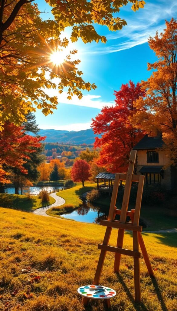 A lush, autumnal landscape with a rustic country cottage nestled among vibrant trees. In the foreground, a wooden easel stands on a grassy knoll, with paints, brushes, and a palette resting upon it. Warm rays of golden sunlight filter through the branches, casting a cozy glow over the scene. In the middle ground, a winding path leads towards a serene pond, its surface reflecting the brilliant hues of the foliage. The background features rolling hills and a clear, blue sky with wispy clouds. An inviting, inspirational setting for seasonal painting ideas.