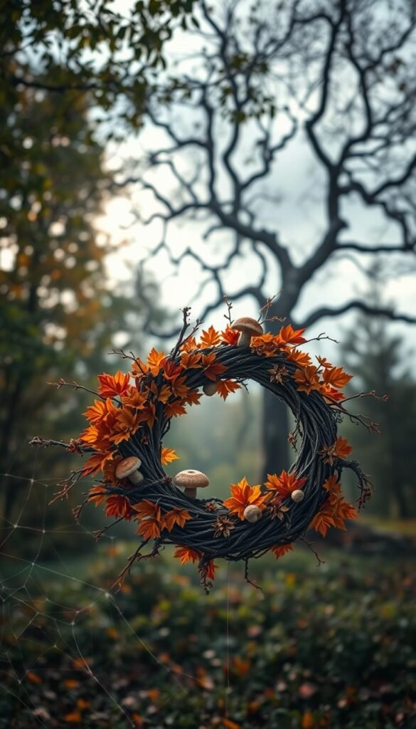 A nature-inspired Halloween wreath adorned with vibrant autumn foliage, gnarled branches, and whimsical mushrooms. The wreath floats in a serene, softly-lit forest clearing, with dappled sunlight filtering through the canopy above. Delicate spider webs glisten in the foreground, while in the distance, a twisted, bare tree stands silhouetted against a moody, overcast sky. The overall atmosphere is one of enchantment and subtle spookiness, capturing the essence of a nature-themed Halloween celebration. A nature-inspired Halloween wreath adorned with vibrant autumn foliage, gnarled branches, and whimsical mushrooms. The wreath floats in a serene, softly-lit forest clearing, with dappled sunlight filtering through the canopy above. Delicate spider webs glisten in the foreground, while in the distance, a twisted, bare tree stands silhouetted against a moody, overcast sky. The overall atmosphere is one of enchantment and subtle spookiness, capturing the essence of a nature-themed Halloween celebration.