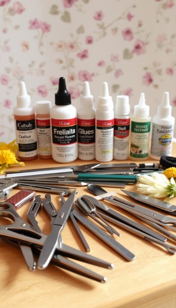 A neatly arranged selection of pressed flower tools and materials. In the foreground, various scissors, tweezers, and bone folders sit atop a wooden surface, their metallic surfaces catching the soft, natural light. In the middle ground, a range of glues, sealants, and adhesives are displayed, their labels clearly visible. In the background, a soft, blurred floral pattern provides a delicate, textural backdrop, evoking the essence of pressed flowers. The overall mood is one of quiet, organized, and purposeful elegance, inviting the viewer to imagine the intricate process of creating beautiful pressed flower crafts.