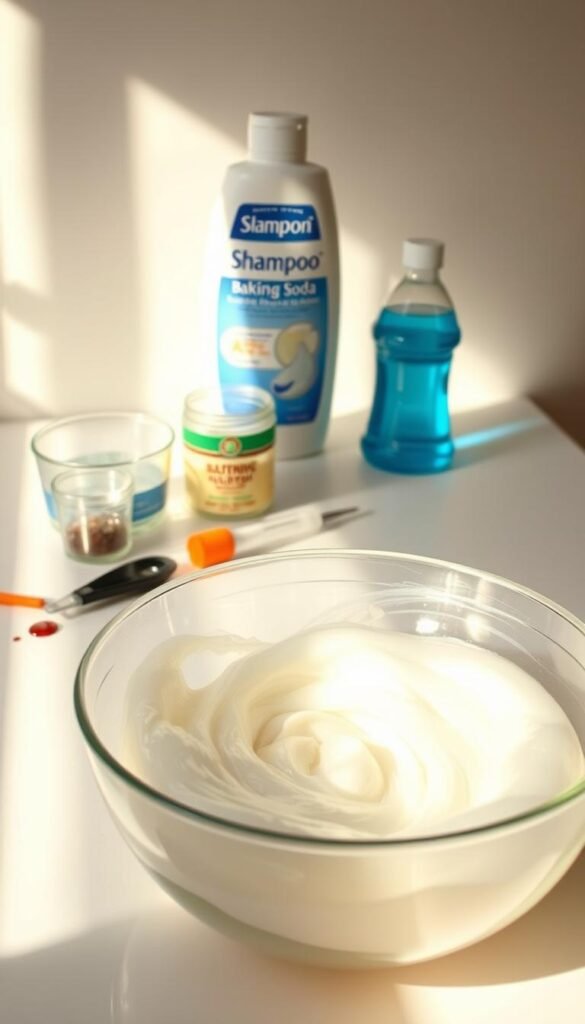 A neatly arranged table, illuminated by soft, natural lighting. In the foreground, a mixing bowl filled with shimmering, translucent slime, its texture a mesmerizing blend of viscosity and elasticity. Surrounding the bowl, an assortment of household ingredients - baking soda, shampoo, and a few drops of food coloring - each playing a crucial role in the homemade slime-making process. In the middle ground, a few tools, such as a spoon and a measuring cup, stand ready to assist in the creation of this unique, chemical-free slime. The background features a simple, uncluttered setting, allowing the focus to remain on the slime-making demonstration.