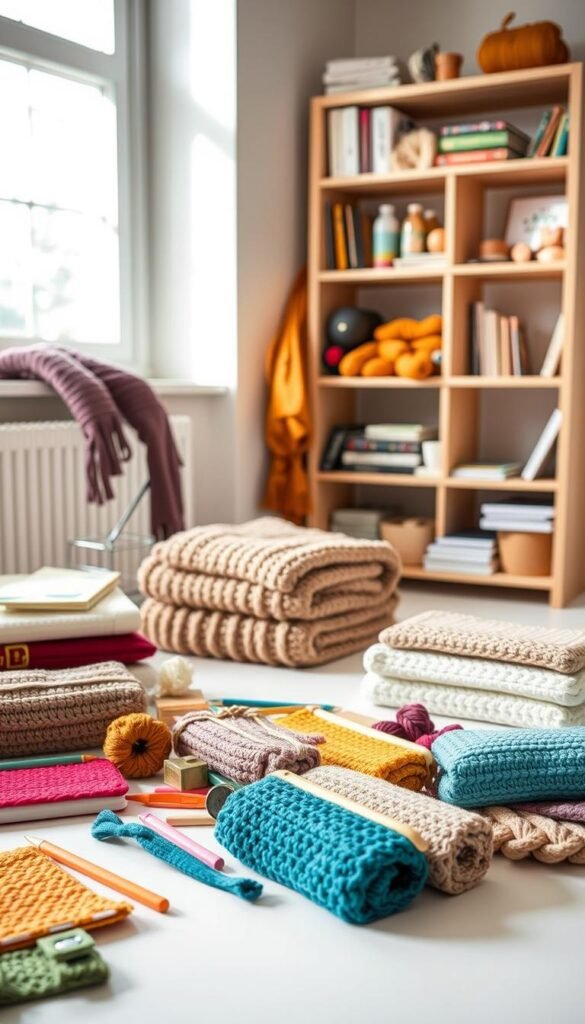 A neatly organized collection of crochet projects for back to school, shot in a bright, airy studio setting with natural lighting filtering through large windows. In the foreground, an assortment of handcrafted pencil cases, bookmarks, and small pouches in various colors and textures. In the middle ground, a stack of neatly folded crochet blankets and scarves in cozy autumn hues. The background features a minimalist wooden shelving unit displaying a variety of crochet supplies, such as yarn skeins, hooks, and pattern books. The overall mood is one of calm, organized productivity, showcasing the versatility and practicality of crochet for back to school organization.