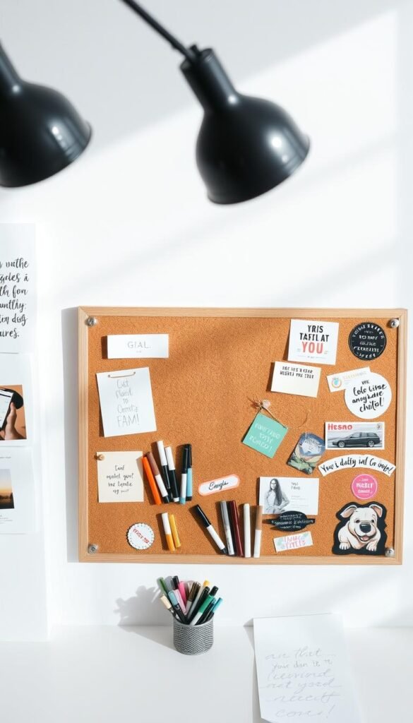 A neatly organized workspace with a corkboard, markers, and various inspirational items like motivational quotes, images, and stickers. The corkboard is set against a bright, airy background, with soft, natural lighting illuminating the scene. The camera angle is slightly above, capturing the workspace from an overhead perspective, conveying a sense of focus and intentionality. The overall mood is one of creativity, organization, and a clear path towards achieving goals. A neatly organized workspace with a corkboard, markers, and various inspirational items like motivational quotes, images, and stickers. The corkboard is set against a bright, airy background, with soft, natural lighting illuminating the scene. The camera angle is slightly above, capturing the workspace from an overhead perspective, conveying a sense of focus and intentionality. The overall mood is one of creativity, organization, and a clear path towards achieving goals.