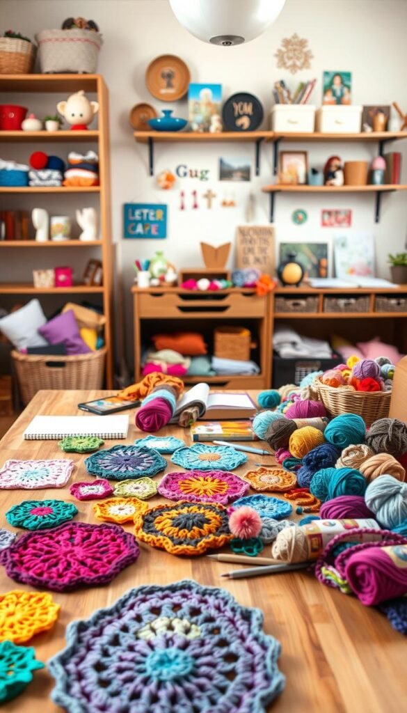 A neatly organized workspace with a wooden table in the foreground, featuring an array of colorful crochet projects. In the middle ground, a collection of vibrant yarns, hooks, and other crafting supplies. The background showcases a cozy, well-lit room with shelves displaying various handmade items and personal touches, creating a warm, inspirational atmosphere for a budding crafter. The lighting is soft and natural, casting a gentle glow on the scene, capturing the joy and creativity of customizing back-to-school crochet projects.