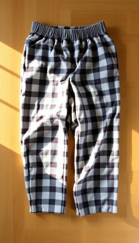 A pair of soft, comfortable pajama pants lying on a wooden table, illuminated by warm, natural lighting. The pants are made of a cozy, brushed cotton fabric in a classic plaid or striped pattern, with a relaxed, loose fit. The waistband is simple and elastic, allowing for easy movement. The legs are slightly tapered, creating a flattering silhouette. The pants are folded neatly, showcasing their simple, yet practical design. The background is a clean, minimalist wooden surface, complementing the casual, homey vibe of the pajama pants. The overall scene exudes a sense of relaxation and ease, perfect for a beginner-friendly sewing project.