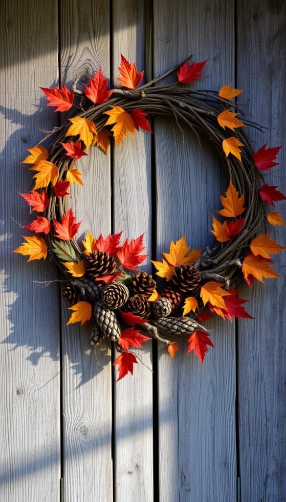 A rustic, autumnal wreath adorns a weathered wooden door, its vibrant hues of orange, red, and ochre creating a warm, inviting contrast against the aged, gray planks. Pinecones, dried leaves, and gnarled twigs intermingle to form a delightfully textured and organic composition, hinting at the arrival of the Halloween season. Soft, diffused lighting casts gentle shadows, lending an enchanting, moody atmosphere to the scene. The wreath's asymmetric design and natural, unrefined elements evoke a sense of cozy, countryside charm, seamlessly blending the aesthetics of fall and the spooky festivities to come. A rustic, autumnal wreath adorns a weathered wooden door, its vibrant hues of orange, red, and ochre creating a warm, inviting contrast against the aged, gray planks. Pinecones, dried leaves, and gnarled twigs intermingle to form a delightfully textured and organic composition, hinting at the arrival of the Halloween season. Soft, diffused lighting casts gentle shadows, lending an enchanting, moody atmosphere to the scene. The wreath's asymmetric design and natural, unrefined elements evoke a sense of cozy, countryside charm, seamlessly blending the aesthetics of fall and the spooky festivities to come.