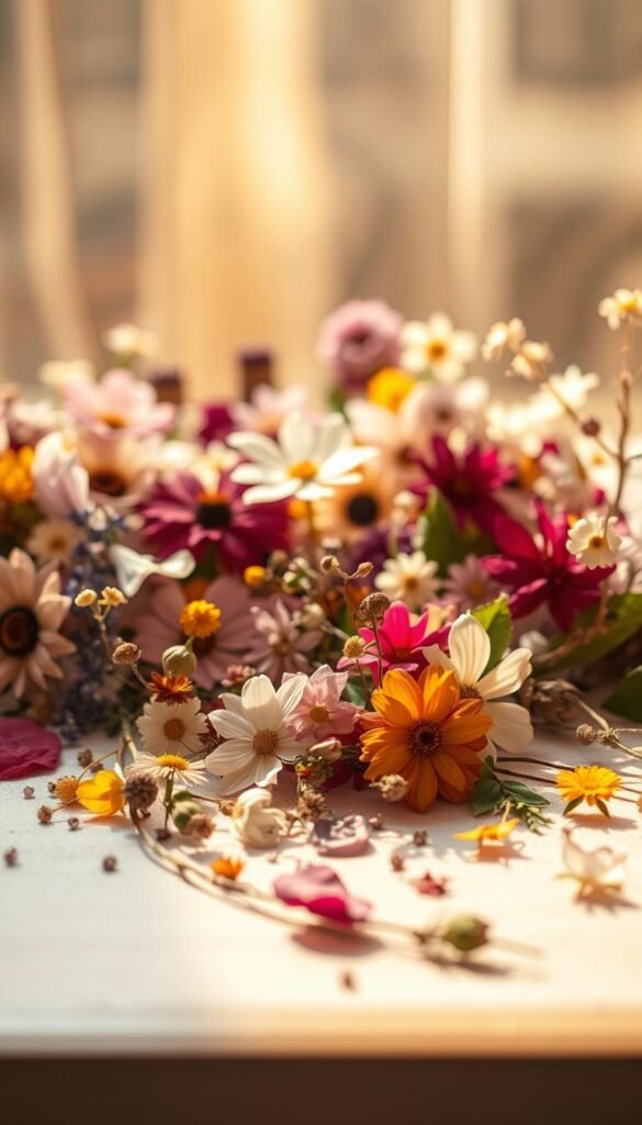 A serene arrangement of delicately pressed flowers, bathed in warm, natural lighting. The foreground features a colorful mix of petals, leaves, and stems, arranged with care and artistry. The middle ground showcases the textures and hues of the preserved blooms, while the background gently fades into a soft, dreamlike setting. The overall composition evokes a sense of tranquility and the beauty of nature's ephemeral treasures, perfect for showcasing handmade pressed flower crafts.