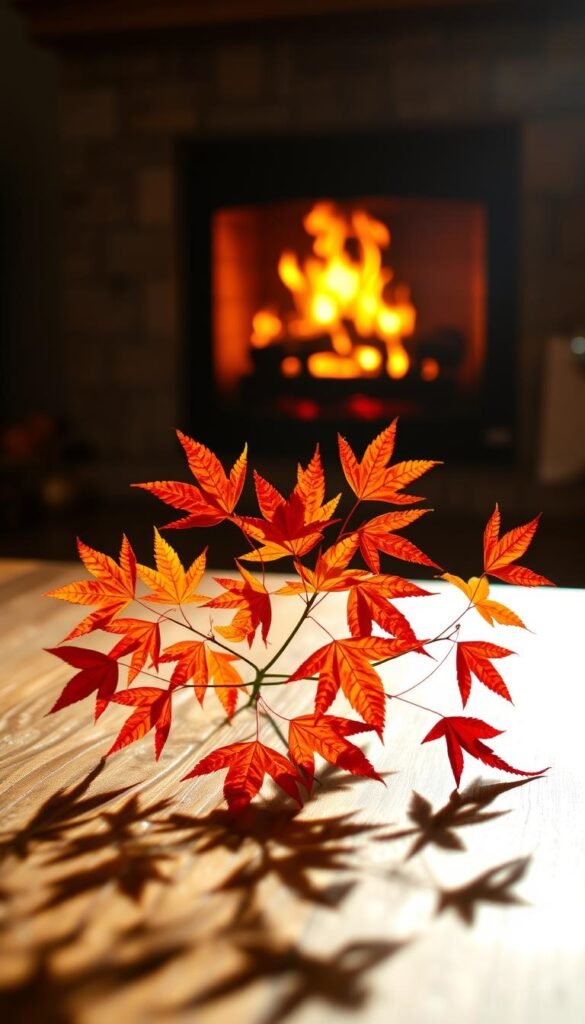 A serene autumn scene, where vibrant foliage takes center stage. Delicate maple leaves, in shades of red, orange, and yellow, are elegantly arranged on a wooden table, casting warm shadows under soft, diffused lighting. In the background, a cozy fireplace crackles, its gentle glow casting a tranquil ambiance. The composition is balanced, with the leaves forming a natural, organic centerpiece, inviting the viewer to appreciate the beauty of the changing seasons. The image evokes a sense of coziness, inviting the viewer to imagine crafting seasonal decor projects using these natural, autumnal elements.