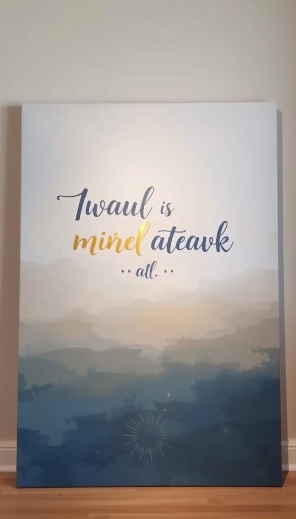 A serene, hand-painted canvas showcasing an inspirational word art design. In the foreground, a bold, calligraphic script spells out an uplifting message in shades of blue and gold, creating a sense of tranquility and positivity. The middle ground features a hazy, abstract pattern of soft brushstrokes in complementary tones, adding depth and visual interest. In the background, a subtle gradient of warm, earthy hues provides a soothing, natural backdrop, evoking a feeling of grounded, mindful contemplation. The overall composition is bathed in a soft, diffused lighting, creating a calming, contemplative atmosphere that invites the viewer to pause and reflect on the inspiring message.