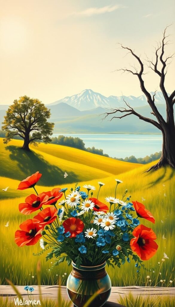 A serene landscape of lush rolling hills and a tranquil lake, bathed in warm, golden sunlight that casts a soft glow on the canvas. In the foreground, a vibrant bouquet of wildflowers - poppies, daisies, and forget-me-nots - arranged in a simple, rustic vase. The middle ground features a majestic oak tree, its branches swaying gently in a light breeze. In the distance, the silhouettes of snow-capped mountains rise against a hazy, azure sky. The entire scene is depicted with a loose, expressive brushwork, capturing the essence of an effortless, nature-inspired painting.