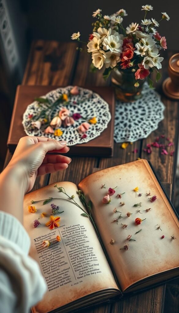 A serene, well-lit scene of a woman gently pressing delicate flowers between the pages of a vintage leather-bound book. The foreground features the woman's hands carefully arranging the colorful petals, with a soft focus on the intricate textures. The middle ground showcases the open book, its pages stained with the imprints of previous floral specimens. In the background, a rustic wooden table is adorned with a lace doily, a vase of freshly picked blooms, and a few scattered potpourri fragments, creating a cozy, timeless atmosphere. The lighting is warm and diffused, casting a gentle glow and highlighting the natural beauty of the pressed flowers.