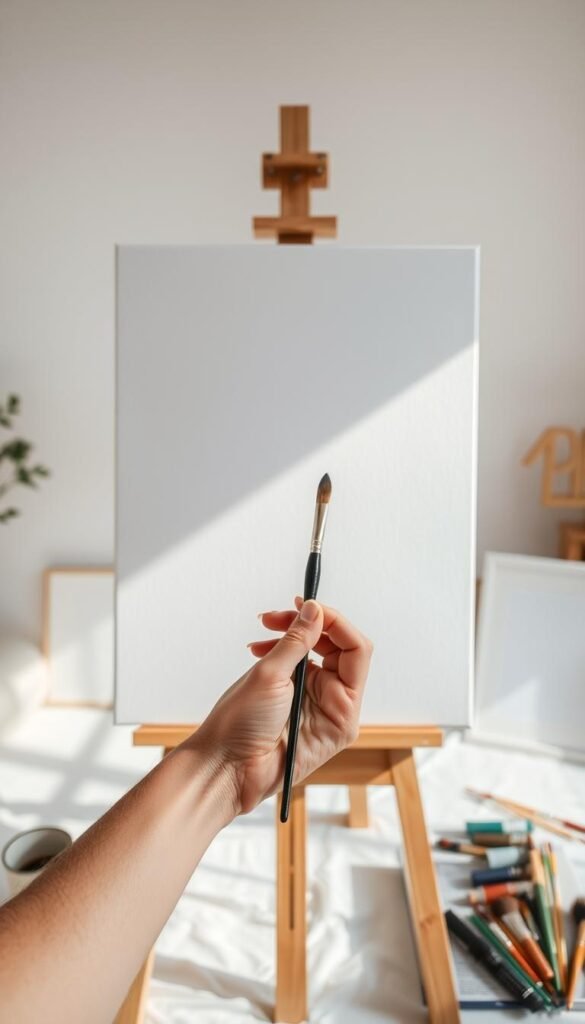 A serene, well-lit studio setting with a large, empty canvas placed on an easel at the center. In the foreground, an artist's hand holds a paintbrush, poised to begin a step-by-step painting process. The background features a selection of art supplies, including paint tubes, palettes, and various brushes, neatly arranged on a table. Soft, natural lighting illuminates the scene, creating a warm and inviting atmosphere. The overall composition suggests a focused, instructional approach to the art of canvas painting, suitable for a beginner's tutorial.