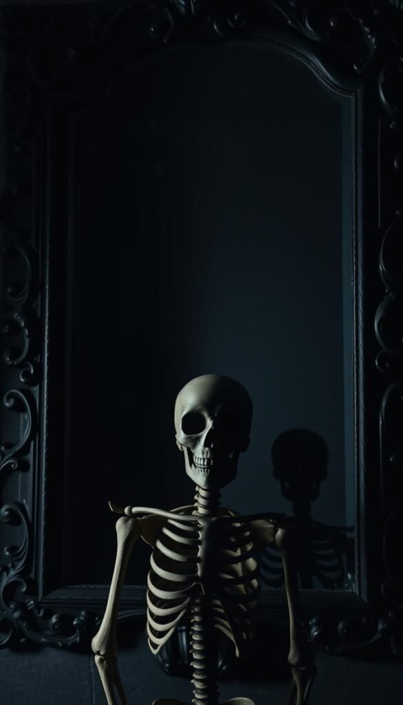 A shadowy, haunting skeleton stands before a large, ornate mirror, its bony frame casting a ghostly reflection. The mirror's frame is adorned with intricate carvings and a matte black finish, creating a spooky, supernatural atmosphere. Dim, moody lighting casts deep shadows, giving the scene an ominous, unsettling mood. The skeleton's empty eye sockets and grinning skull exude an eerie, macabre presence, as if it were a guardian of the netherworld. The mirror's surface is slightly distorted, adding to the surreal, otherworldly nature of the image. The overall composition evokes a sense of mystery, darkness, and the uncanny, perfectly capturing the spirit of spooky skeleton decorations. A shadowy, haunting skeleton stands before a large, ornate mirror, its bony frame casting a ghostly reflection. The mirror's frame is adorned with intricate carvings and a matte black finish, creating a spooky, supernatural atmosphere. Dim, moody lighting casts deep shadows, giving the scene an ominous, unsettling mood. The skeleton's empty eye sockets and grinning skull exude an eerie, macabre presence, as if it were a guardian of the netherworld. The mirror's surface is slightly distorted, adding to the surreal, otherworldly nature of the image. The overall composition evokes a sense of mystery, darkness, and the uncanny, perfectly capturing the spirit of spooky skeleton decorations.