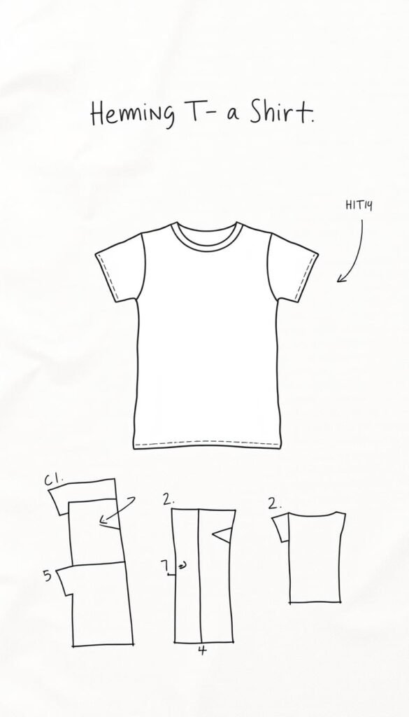 A simple, hand-drawn set of sewing instructions for a basic t-shirt, rendered in a clean, minimalist style. The foreground features a series of clearly labeled diagrams showing the key steps - cutting the fabric, sewing the seams, hemming the edges. The middle ground showcases a simple, plain t-shirt template in a neutral color. The background is a soft, muted fabric texture, providing a natural, textured backdrop. The lighting is soft and diffused, creating an inviting, instructional atmosphere. The overall tone is educational yet approachable, suitable for a beginner sewing audience.