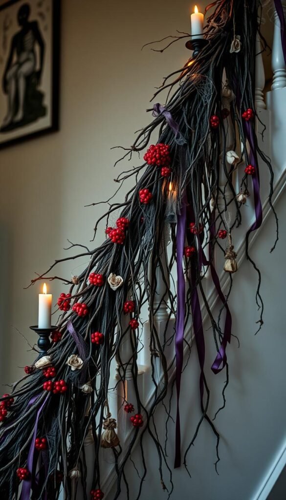 A spellbinding Halloween garland cascades down the staircase, draped with a tapestry of mystical elements. Gnarled branches intertwine, adorned with crimson berries, twisted vines, and delicate spider webs. Flickering candles cast an ethereal glow, illuminating the garland's haunting beauty. Delicate dried flowers, withered leaves, and tattered ribbons in shades of ebony and amethyst add depth and texture. The scene evokes a sense of enchantment and foreboding, creating an atmosphere of bewitching elegance. Captured through the lens of an antique camera, the image has a moody, vintage aesthetic that transports the viewer to a realm of haunting splendor. A spellbinding Halloween garland cascades down the staircase, draped with a tapestry of mystical elements. Gnarled branches intertwine, adorned with crimson berries, twisted vines, and delicate spider webs. Flickering candles cast an ethereal glow, illuminating the garland's haunting beauty. Delicate dried flowers, withered leaves, and tattered ribbons in shades of ebony and amethyst add depth and texture. The scene evokes a sense of enchantment and foreboding, creating an atmosphere of bewitching elegance. Captured through the lens of an antique camera, the image has a moody, vintage aesthetic that transports the viewer to a realm of haunting splendor.
