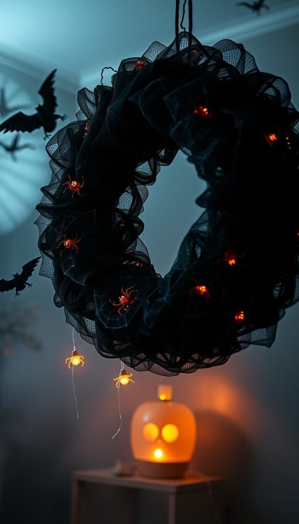 A spooky Halloween mesh wreath adorned with haunting details, floating effortlessly in a dimly lit room. The foreground features a lush, black mesh wreath intricately woven with intricate patterns, dotted with shimmering spider webs and glistening spiders, casting an eerie glow. The middle ground showcases an assortment of creepy crawlies, from bats to ravens, perched upon the wreath, their eyes gleaming with a sinister intent. The background is shrouded in a hazy, atmospheric lighting, creating a moody, mysterious ambiance, perfect for a last-minute Halloween decoration. A spooky Halloween mesh wreath adorned with haunting details, floating effortlessly in a dimly lit room. The foreground features a lush, black mesh wreath intricately woven with intricate patterns, dotted with shimmering spider webs and glistening spiders, casting an eerie glow. The middle ground showcases an assortment of creepy crawlies, from bats to ravens, perched upon the wreath, their eyes gleaming with a sinister intent. The background is shrouded in a hazy, atmospheric lighting, creating a moody, mysterious ambiance, perfect for a last-minute Halloween decoration.