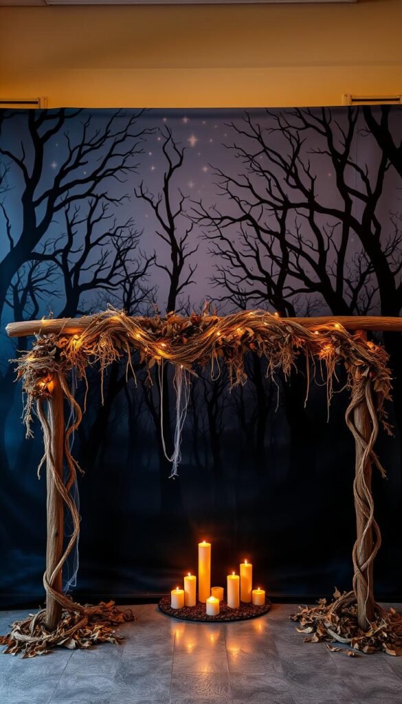 A spooky and festive Halloween photo backdrop, featuring a haunting forest scene with twisted, bare trees silhouetted against a night sky filled with twinkling stars. In the foreground, a wooden arch draped with eerie cobwebs and garlands of dried leaves and vines. Flickering candles or fairy lights cast a warm, golden glow, creating a cozy and inviting atmosphere. The backdrop is positioned in a well-lit area, captured with a wide-angle lens to showcase the full scene. The overall mood is one of enchantment and anticipation, perfectly setting the stage for Halloween-themed portraits and snapshots. A spooky and festive Halloween photo backdrop, featuring a haunting forest scene with twisted, bare trees silhouetted against a night sky filled with twinkling stars. In the foreground, a wooden arch draped with eerie cobwebs and garlands of dried leaves and vines. Flickering candles or fairy lights cast a warm, golden glow, creating a cozy and inviting atmosphere. The backdrop is positioned in a well-lit area, captured with a wide-angle lens to showcase the full scene. The overall mood is one of enchantment and anticipation, perfectly setting the stage for Halloween-themed portraits and snapshots.