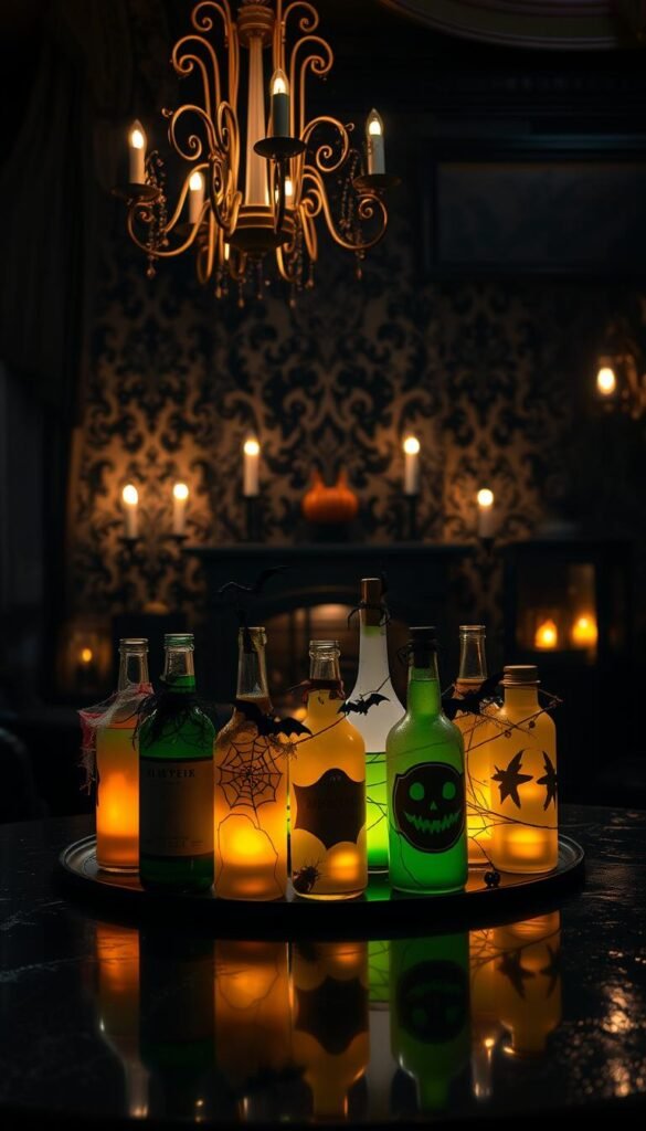 A spooky and festive Halloween-themed beverage display set against a moody, atmospheric backdrop. In the foreground, an assortment of eerie glowing potion bottles, embellished with cobwebs, bats, and other spooky accents, sit atop a dark, glossy surface. Overhead, a chandelier casts a warm, flickering candlelight glow, casting long shadows and creating an air of mystery. In the background, a dimly lit, gothic-inspired interior with ornate wallpaper and a flickering fireplace sets the tone. The lighting is dramatic, with deep shadows and highlights that emphasize the haunting, supernatural vibe. The overall scene evokes a sense of enchantment and the macabre, perfectly suited for a Halloween-themed drink display. A spooky and festive Halloween-themed beverage display set against a moody, atmospheric backdrop. In the foreground, an assortment of eerie glowing potion bottles, embellished with cobwebs, bats, and other spooky accents, sit atop a dark, glossy surface. Overhead, a chandelier casts a warm, flickering candlelight glow, casting long shadows and creating an air of mystery. In the background, a dimly lit, gothic-inspired interior with ornate wallpaper and a flickering fireplace sets the tone. The lighting is dramatic, with deep shadows and highlights that emphasize the haunting, supernatural vibe. The overall scene evokes a sense of enchantment and the macabre, perfectly suited for a Halloween-themed drink display.