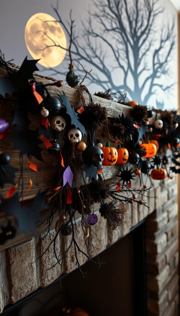 A spooky and whimsical Halloween garland, draped across a rustic wooden mantel. In the foreground, a mix of black, orange, and purple paper decorations - bats, skulls, and jack-o'-lanterns - flutter gently in the soft, warm lighting. The middle ground features clusters of twigs, dried leaves, and gnarled branches, creating an eerie, natural aesthetic. In the background, shadowy silhouettes of bare trees and a full moon cast an ominous glow, setting an atmospheric, Halloween-themed scene. The overall mood is festive yet unsettling, perfect for adding a touch of haunting charm to a budget-friendly Halloween display. A spooky and whimsical Halloween garland, draped across a rustic wooden mantel. In the foreground, a mix of black, orange, and purple paper decorations - bats, skulls, and jack-o'-lanterns - flutter gently in the soft, warm lighting. The middle ground features clusters of twigs, dried leaves, and gnarled branches, creating an eerie, natural aesthetic. In the background, shadowy silhouettes of bare trees and a full moon cast an ominous glow, setting an atmospheric, Halloween-themed scene. The overall mood is festive yet unsettling, perfect for adding a touch of haunting charm to a budget-friendly Halloween display.