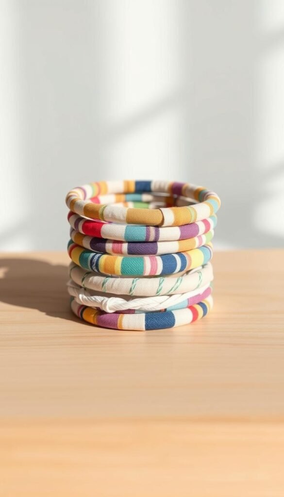 A stack of handwoven fabric-wrapped bangle bracelets, delicately arranged on a minimalist wooden surface. The bangles feature a vibrant patchwork of colorful cotton and linen scraps, expertly wrapped and secured with precise stitching. Soft, directional lighting casts subtle shadows, highlighting the tactile textures and intricate patterns. The arrangement is framed by a clean, airy backdrop, allowing the bracelets to take center stage as the focus of the composition. This captivating still life evokes a sense of artisanal craftsmanship and the beauty of repurposed materials.