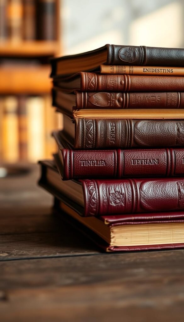 A stack of heavy, leather-bound books rests on a wooden table, its surface worn and weathered. The books are in various shades of brown and burgundy, their spines embossed with intricate patterns and titles. Soft, warm lighting casts gentle shadows, highlighting the textured covers and highlighting the depth and weight of the volumes. The background is slightly blurred, creating a sense of focus on the books as the central subject. The overall mood is one of scholarly contemplation and the quiet appreciation of the printed word.