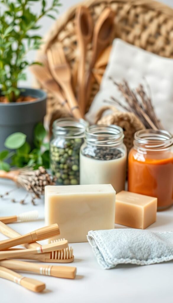 A still life arrangement of sustainable personal care items, captured in a soft, natural light. In the foreground, an assortment of bamboo toothbrushes, a handmade bar of organic soap, and a reusable makeup remover pad. In the middle ground, a collection of glass jars filled with eco-friendly shampoo and conditioner bars. The background features a woven basket, a handful of dried herbs, and a potted plant, creating a soothing, earthy atmosphere. The overall composition conveys a sense of mindfulness, simplicity, and environmental consciousness.