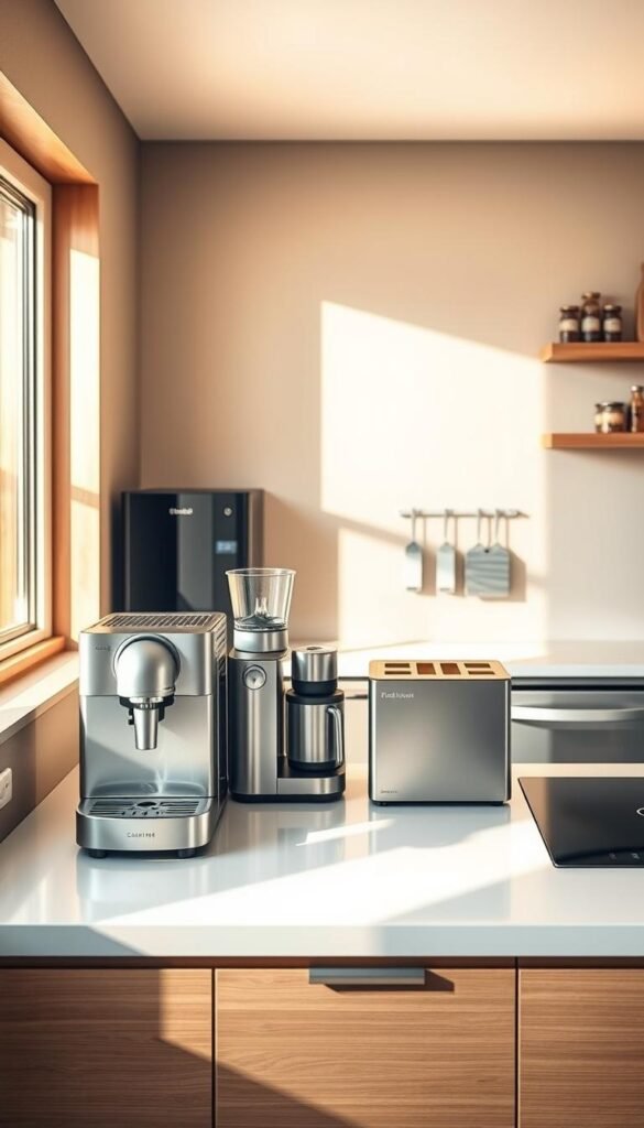 A stylish kitchen interior with a variety of compact, modern appliances arranged neatly on the countertop. The scene is bathed in warm, natural lighting from a large window, casting gentle shadows and highlighting the sleek, brushed metal finishes. In the foreground, a compact espresso machine, mini food processor, and slim toaster oven sit side by side, showcasing efficient designs that save precious counter space. In the middle ground, a small induction cooktop and compact dishwasher blend seamlessly into the minimalist aesthetic. The background features additional storage solutions like a wall-mounted spice rack and floating shelves, creating a harmonious, clutter-free environment.