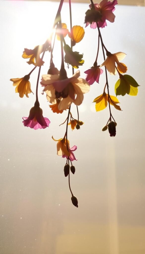 A sun-dappled pressed flower suncatcher, its delicate petals and leaves suspended in a glass or resin frame. The foreground captures the intricate details of the dried botanical specimens, their colors and textures preserved in a moment of natural beauty. The middle ground features soft, diffused lighting that casts a warm, ethereal glow, while the background suggests a bright, airy window or glass surface that allows the sun to shine through, illuminating the suncatcher from behind. The overall mood is one of tranquility, elegance, and a celebration of nature's artistry, perfectly suited for a sun-filled window display or wall decor.