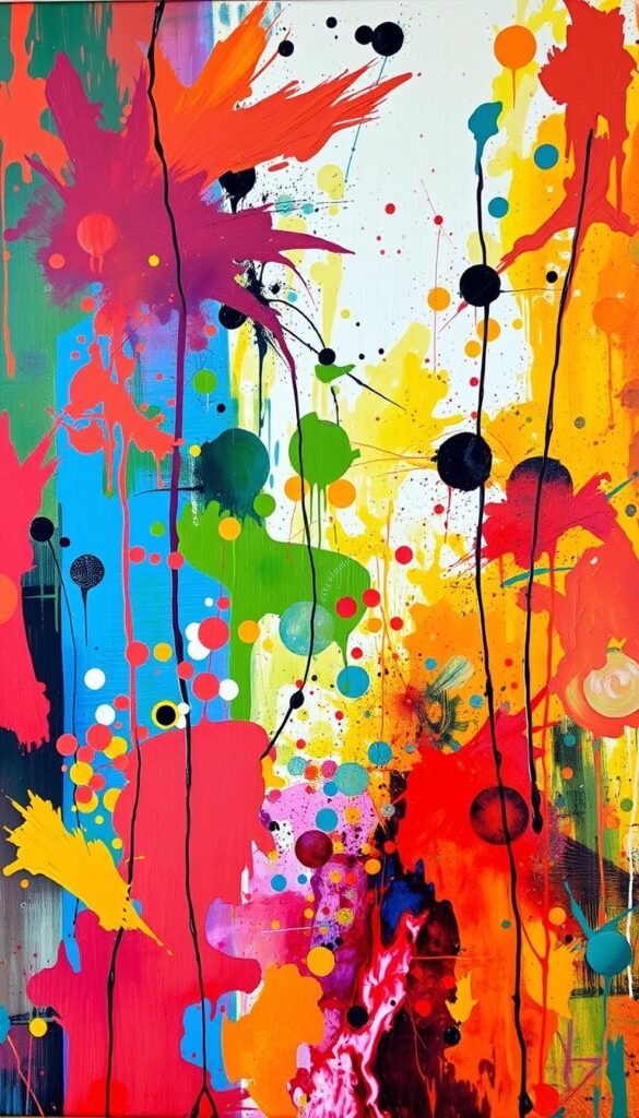 A vibrant abstract canvas painting showcasing a dynamic interplay of colors, textures, and techniques. In the foreground, bold strokes of acrylic paint in a spectrum of hues - from vivid reds and oranges to deep blues and greens - create a captivating tapestry of expressive, gestural brushwork. The middle ground features intriguing patterns and shapes formed by dripping, splattering, and layering techniques, lending a sense of depth and movement to the composition. In the background, ethereal washes of paint blend and mingle, creating a harmonious and ethereal atmosphere. The lighting is soft and diffused, casting a warm, contemplative glow over the entire scene. The overall effect is one of spontaneity, creativity, and boundless artistic exploration, perfectly encapsulating the essence of abstract canvas painting techniques for beginners.