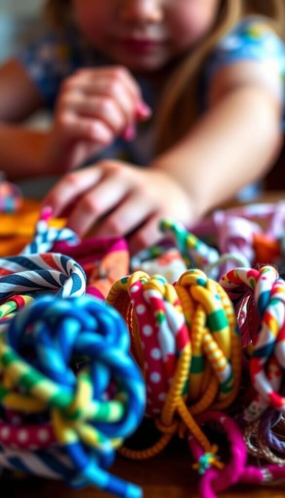 A vibrant array of handcrafted fabric bracelets, each one a unique expression of creativity. Foreground features several bracelets in a variety of bold, complementary colors and patterns - stripes, polka dots, floral prints - skillfully woven and braided. Middle ground showcases the dexterous hands of a young crafter, nimbly manipulating the colorful fabrics. Background blurs softly, highlighting the focus on the intricate handiwork. Soft, diffused lighting casts a warm, inviting glow, accentuating the tactile, homemade quality of the accessories. Captured at a slightly elevated angle, the image conveys a sense of pride and accomplishment in the simple, yet charming DIY creations. A vibrant array of handcrafted fabric bracelets, each one a unique expression of creativity. Foreground features several bracelets in a variety of bold, complementary colors and patterns - stripes, polka dots, floral prints - skillfully woven and braided. Middle ground showcases the dexterous hands of a young crafter, nimbly manipulating the colorful fabrics. Background blurs softly, highlighting the focus on the intricate handiwork. Soft, diffused lighting casts a warm, inviting glow, accentuating the tactile, homemade quality of the accessories. Captured at a slightly elevated angle, the image conveys a sense of pride and accomplishment in the simple, yet charming DIY creations.