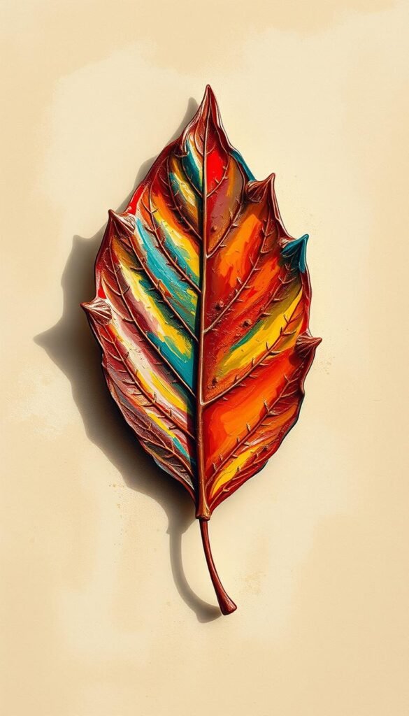 A vibrant autumn leaf, rendered in expressive oil pastels, takes center stage against a soft, textured background. The leaf's intricate veins and bold, vibrant hues are captured in lush, tactile brushstrokes, creating the illusion of depth and dimension. Warm, muted tones evoke the cozy, inviting atmosphere of a crisp fall day, while the organic, unstructured composition suggests a playful, handcrafted aesthetic. Dramatic lighting casts subtle shadows, highlighting the leaf's dimensional qualities and lending a sense of dynamic movement to the scene. The overall effect is a captivating, artful representation of the beauty and charm of autumn foliage, perfect for inspiring creative paper craft projects.