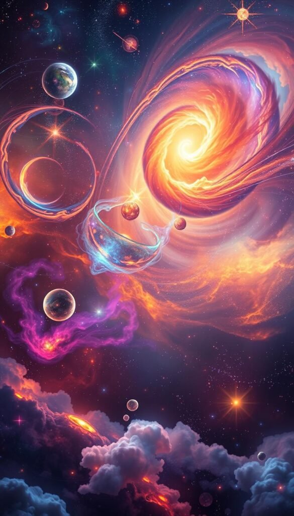 A vibrant celestial canvas filled with swirling galaxies, nebulae, and stars in a dreamlike, ethereal composition. In the foreground, a cluster of glowing, translucent planets and moons cast a soft, ambient light across the scene. In the middle ground, wisps of colorful, glowing cosmic dust and plasma intertwine, creating a mesmerizing, otherworldly tapestry. In the distant background, a dense, shimmering starfield stretches out into the infinite expanse of the universe, bathed in a warm, otherworldly glow. The overall atmosphere is one of mystery, wonder, and profound cosmic beauty, evoking a sense of awe and contemplation.