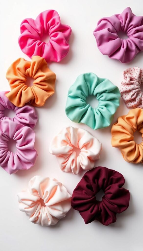 A vibrant collection of scrunchies in an array of colors and textures, arranged artfully on a white background. The scrunchies are made from high-quality fabrics, including satin, velvet, and patterned cotton, showcasing a diverse range of creative scrunchie variations. Soft, diffused lighting creates a delicate, feminine atmosphere, highlighting the texture and depth of each scrunchie. The scrunchies are positioned at various angles, creating a visually interesting and dynamic composition that invites the viewer to explore the unique design possibilities of these versatile hair accessories.