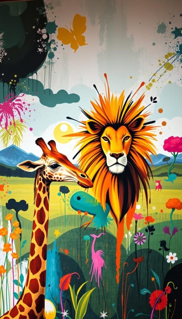 A vibrant, expressive canvas showcasing an array of animal-inspired designs. In the foreground, a stylized giraffe with a long, graceful neck and intricate patterns adorns the canvas, its warm, earthy tones accentuated by soft, diffused lighting. In the middle ground, a bold, abstract interpretation of a lion's face emerges, its vibrant mane of brushstrokes cascading across the canvas. The background features a whimsical, dreamlike landscape, with playful splashes of color and organic shapes evoking the spirit of the animal kingdom. The overall composition exudes a sense of artistic flair, inviting the viewer to immerse themselves in a captivating, nature-inspired visual experience.