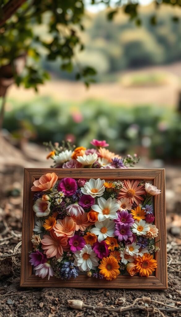 A vibrant floral arrangement in a natural, earthy setting. The foreground features an artful display of pressed flowers, delicately arranged in a rustic wooden frame. The middle ground showcases a mix of colorful blooms, their petals radiating a soft, ethereal glow under the warm, diffused lighting. In the background, a blurred landscape of lush greenery and subtle textures, creating a serene, garden-like atmosphere. Soft, romantic tones and a muted color palette evoke a sense of timeless elegance, perfectly suited for a wedding theme.