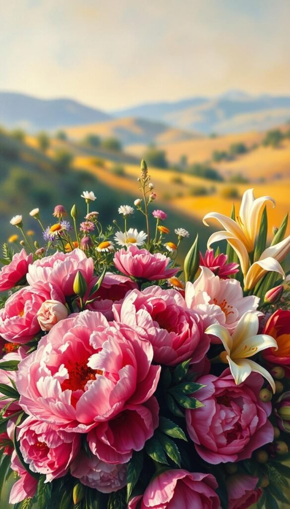 A vibrant, oil-painted canvas showcasing a lush, floral arrangement. In the foreground, a bouquet of richly-colored peonies, roses, and lilies spill across the canvas, their soft petals and delicate shapes captured in textured brushstrokes. The middle ground features a mix of smaller wildflowers and greenery, creating a sense of depth and movement. In the background, a blurred, impressionistic landscape provides a natural, outdoor setting, with hints of rolling hills and a warm, golden-hour light filtering through. The overall composition is balanced and harmonious, with a focus on the beauty and organic forms of the flowers. The mood is serene, tranquil, and evocative of the joys of artistic expression.
