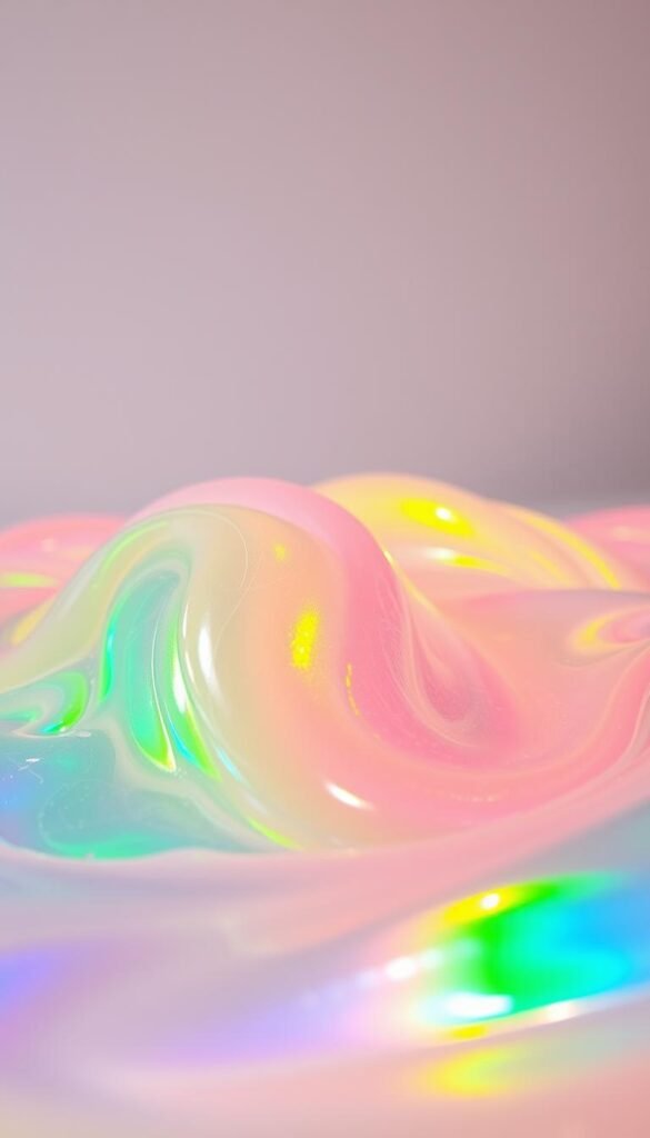 A vibrant, shimmering dish soap slime filling the frame with its alluring, gelatinous texture. The slime glistens under soft, diffused lighting, casting mesmerizing reflections. In the foreground, the slime's vibrant, iridescent hues swirl and dance, captivating the viewer. The middle ground reveals the slime's elastic, stringy qualities, enticing the senses. In the background, a plain, neutral backdrop allows the slime to take center stage, showcasing its hypnotic, mesmerizing qualities. The overall atmosphere is one of enchantment and wonder, inviting the viewer to reach out and experience the sensory delight of this two-ingredient slime.