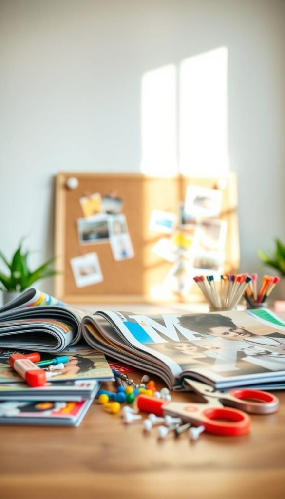 A vibrant still life arrangement of vision board creation supplies, bathed in soft, natural lighting and captured with a shallow depth of field. In the foreground, an assortment of colorful magazines, scissors, glue sticks, and push pins are neatly organized on a wooden table. In the middle ground, a corkboard or bulletin board provides a textured backdrop, hinting at the final display surface. The background features a minimalist, airy setting, perhaps a sunny window or a plain wall, creating a clean, inspirational atmosphere. The overall composition emphasizes the essential tools needed to craft a personalized vision board, conveying a sense of creativity, focus, and intentionality. A vibrant still life arrangement of vision board creation supplies, bathed in soft, natural lighting and captured with a shallow depth of field. In the foreground, an assortment of colorful magazines, scissors, glue sticks, and push pins are neatly organized on a wooden table. In the middle ground, a corkboard or bulletin board provides a textured backdrop, hinting at the final display surface. The background features a minimalist, airy setting, perhaps a sunny window or a plain wall, creating a clean, inspirational atmosphere. The overall composition emphasizes the essential tools needed to craft a personalized vision board, conveying a sense of creativity, focus, and intentionality.