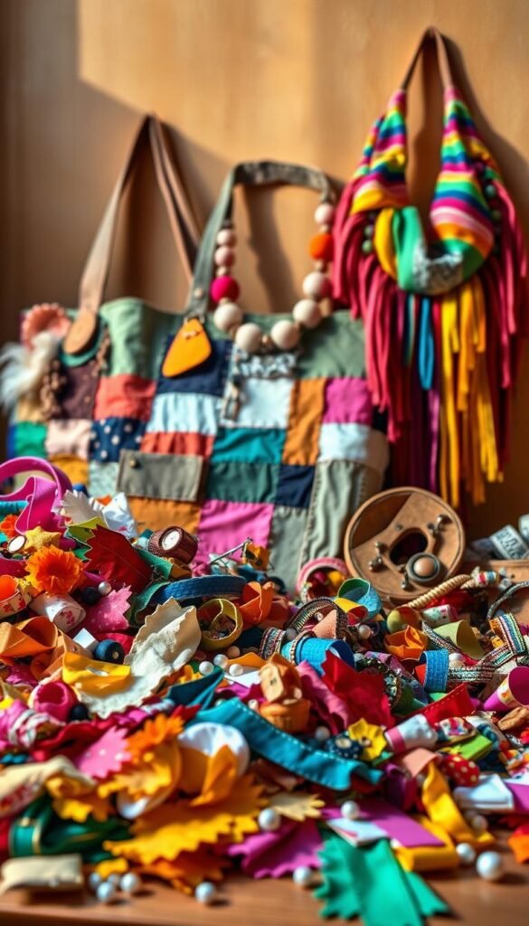 A vibrant still life showcasing an array of handcrafted fabric scraps accessories. In the foreground, a collection of colorful, textured patches, ribbons, and trims are artfully arranged, inviting the viewer to imagine the creative possibilities. The middle ground features a variety of whimsical, one-of-a-kind accessories, such as a patchwork tote bag, a statement necklace, and a colorful, fringed scarf, all crafted from repurposed fabric remnants. The background is softly blurred, allowing the accessories to take center stage and highlighting their unique, handmade qualities. The lighting is warm and natural, casting gentle shadows and accentuating the rich hues and intricate details of the fabrics. The overall atmosphere is one of creativity, sustainability, and a celebration of the beauty that can be found in even the smallest fabric scraps. A vibrant still life showcasing an array of handcrafted fabric scraps accessories. In the foreground, a collection of colorful, textured patches, ribbons, and trims are artfully arranged, inviting the viewer to imagine the creative possibilities. The middle ground features a variety of whimsical, one-of-a-kind accessories, such as a patchwork tote bag, a statement necklace, and a colorful, fringed scarf, all crafted from repurposed fabric remnants. The background is softly blurred, allowing the accessories to take center stage and highlighting their unique, handmade qualities. The lighting is warm and natural, casting gentle shadows and accentuating the rich hues and intricate details of the fabrics. The overall atmosphere is one of creativity, sustainability, and a celebration of the beauty that can be found in even the smallest fabric scraps.